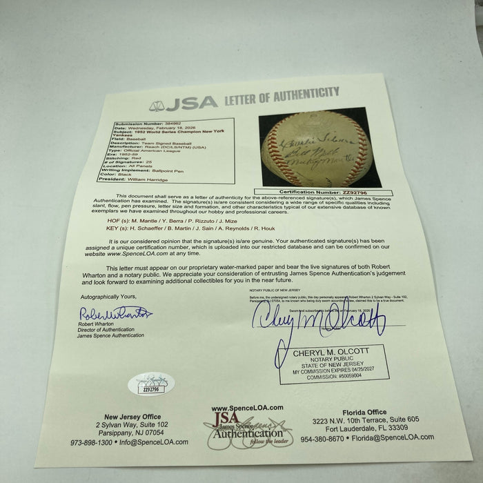 1952 New York Yankees World Series Champs Team Signed Baseball Mickey Mantle JSA