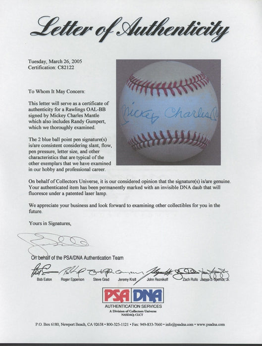 Mickey Charles Mantle Full Name Signed American League Baseball PSA DNA COA