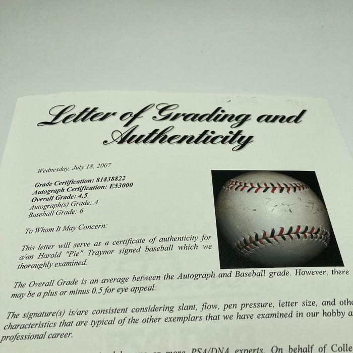 Harold Pie Traynor Full Name Single Signed 1925 National League Baseball PSA DNA