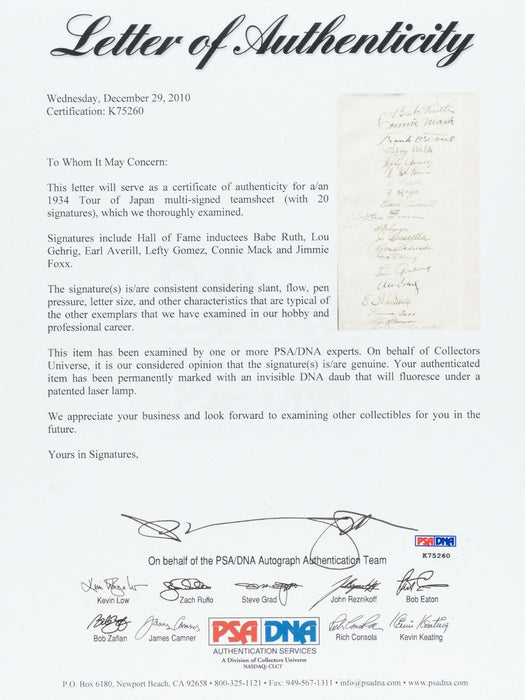 The Finest Babe Ruth Lou Gehrig 1934 Tour of Japan Team Signed Sheet PSA DNA JSA