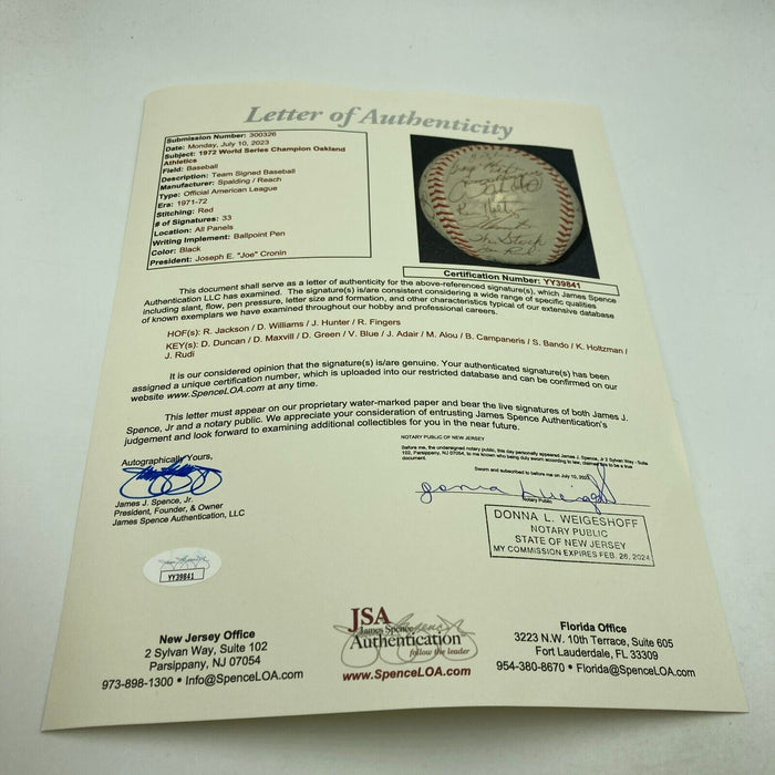 1972 Oakland A's Athletics World Series Champs Team Signed Baseball JSA COA