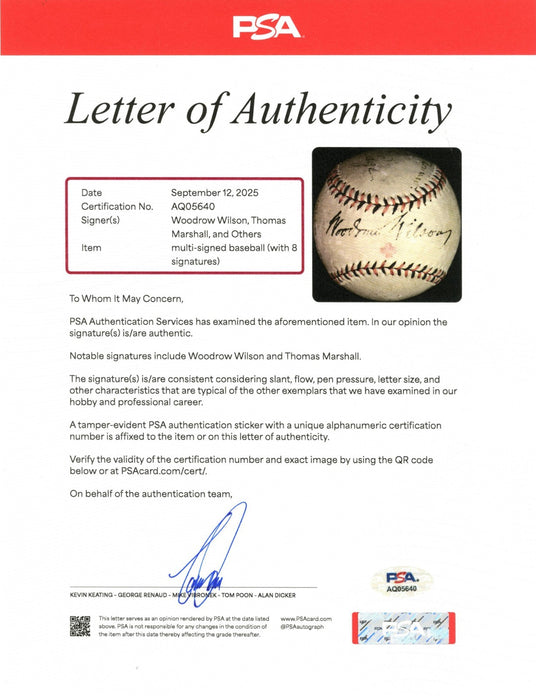 President Woodrow Wilson Signed 1917 National League Baseball PSA DNA COA