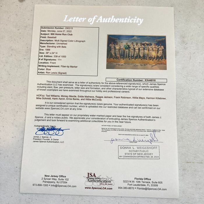 Beautiful 500 Home Run Club Signed Large Litho Mickey Mantle Ted Williams JSA