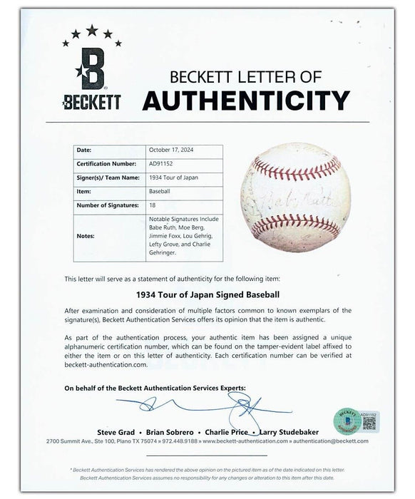 Babe Ruth & Lou Gehrig 1934 Tour Of Japan Team Signed Baseball With Beckett COA