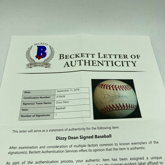 Rare Dizzy Dean Sweet Spot Single Signed Autographed Baseball With Beckett COA