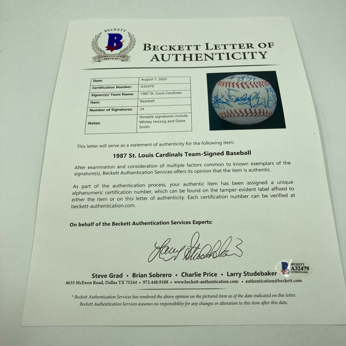 Beautiful 1987 St. Louis Cardinals NL Champs Team Signed Baseball Beckett COA