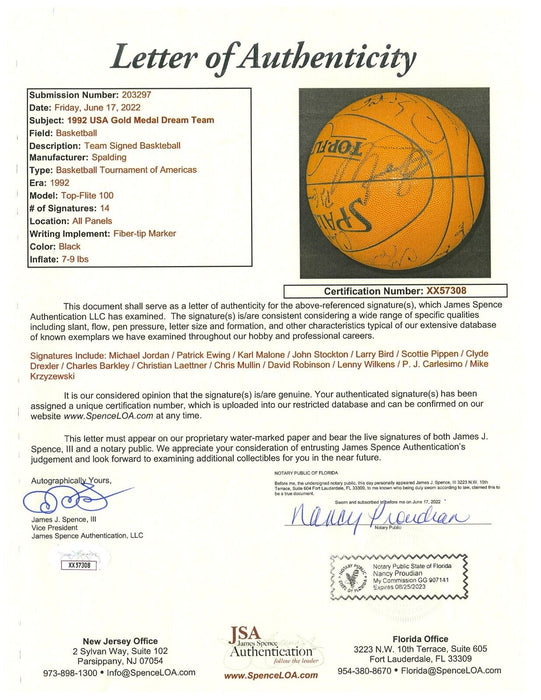 1992 Dream Team Olympics Team USA Signed Basketball Michael Jordan 14 Sigs JSA