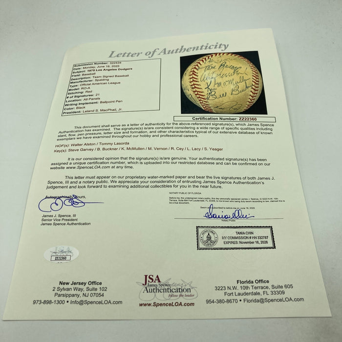 1975 Los Angeles Dodgers Team Signed Baseball Walt Alston Tommy Lasorda JSA COA
