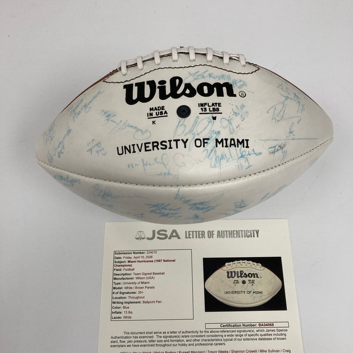1987 Miami Hurricanes NCAA National Champions Team Signed Football JSA COA