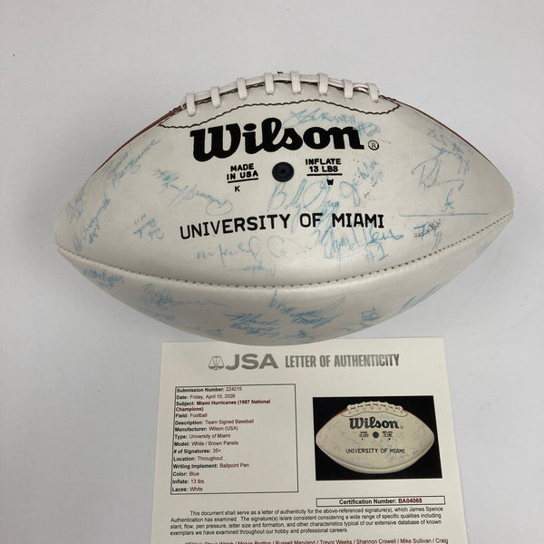 1987 Miami Hurricanes NCAA National Champions Team Signed Football JSA COA