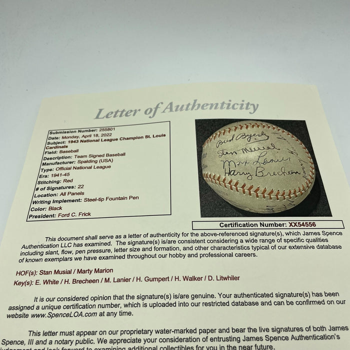 Beautiful 1943 St. Louis Cardinals Team Signed Baseball JSA