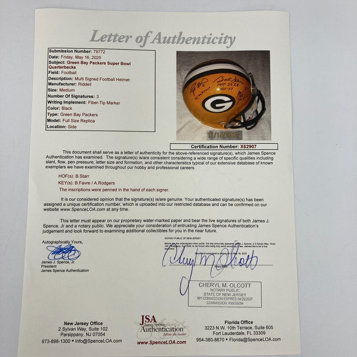 Bart Starr Brett Favre & Aaron Rodgers Signed Green Bay Packers Helmet JSA COA