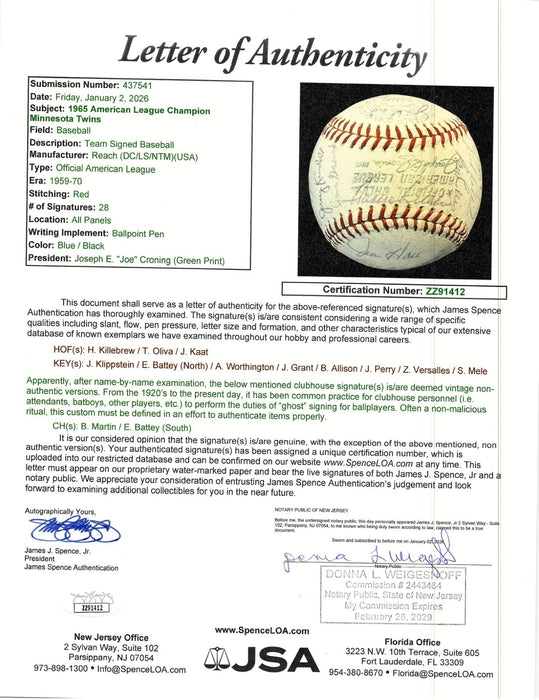 1965 Minnesota Twins American League Champs Team Signed Baseball JSA COA