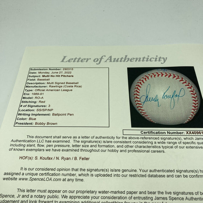 Sandy Koufax Nolan Ryan & Bob Feller Signed American League Baseball JSA COA