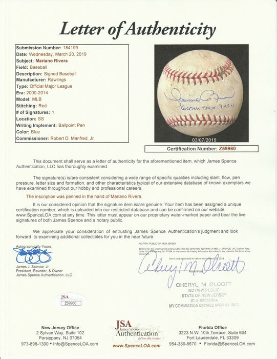 Historic Mariano Rivera 600th Save Signed Game Used Baseball JSA COA & MLB Auth