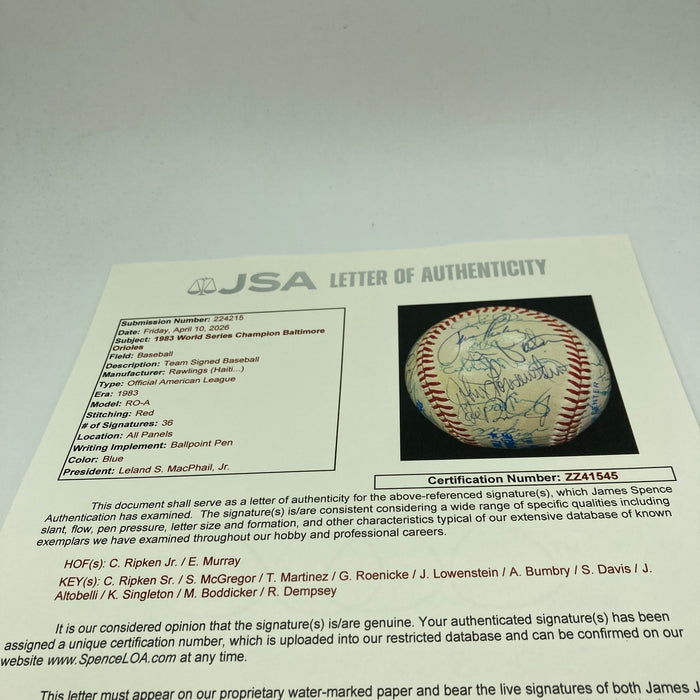 1983 Baltimore Orioles World Series Champs Team Signed Baseball 36 Sigs! JSA COA