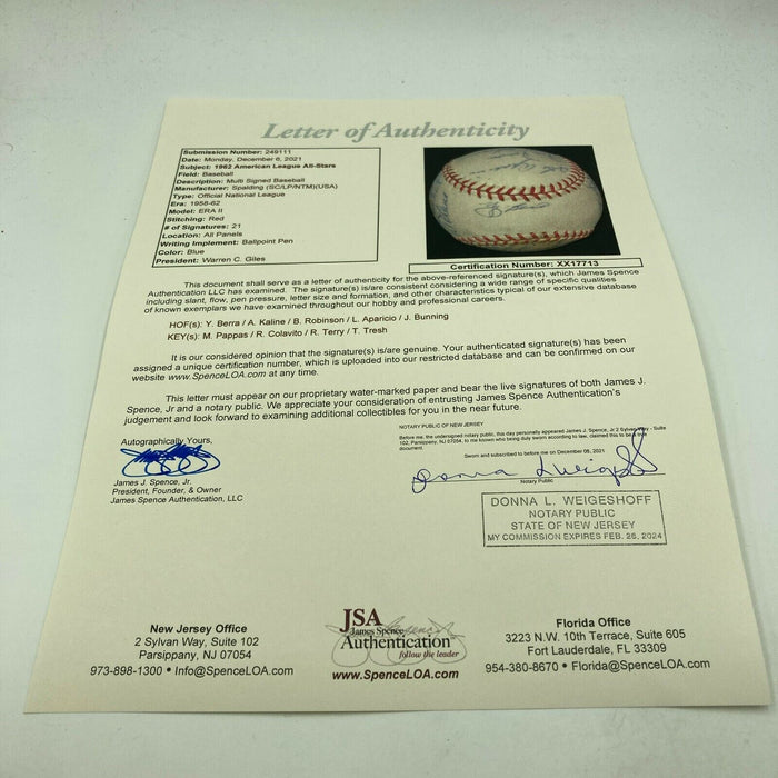 1962 All Star Game American League Team Signed Baseball Yogi Berra JSA COA