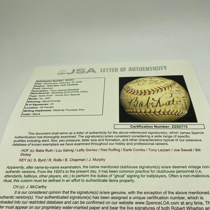 Babe Ruth & Lou Gehrig 1934 New York Yankees Team Signed Baseball JSA COA
