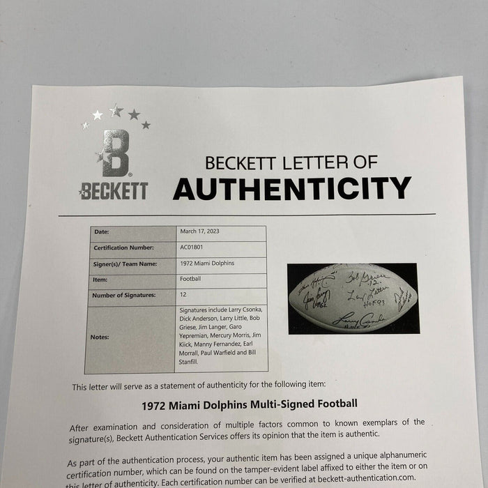 1972 Miami Dolphins Super Bowl Champs Team Signed Football Beckett COA