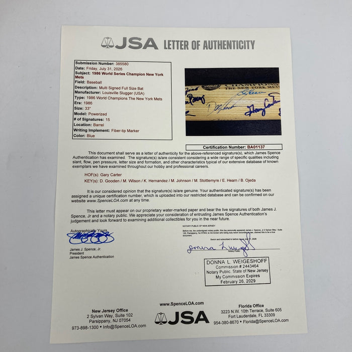 1986 New York Mets W.S. Champs Team Signed Baseball Bat JSA COA
