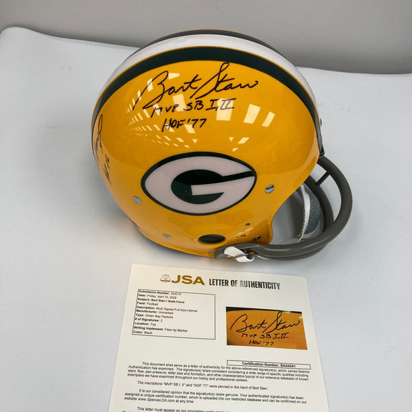 Bart Starr MVP Super Bowl HOF 1977 & Favre Signed Green Bay Packers Helmet JSA