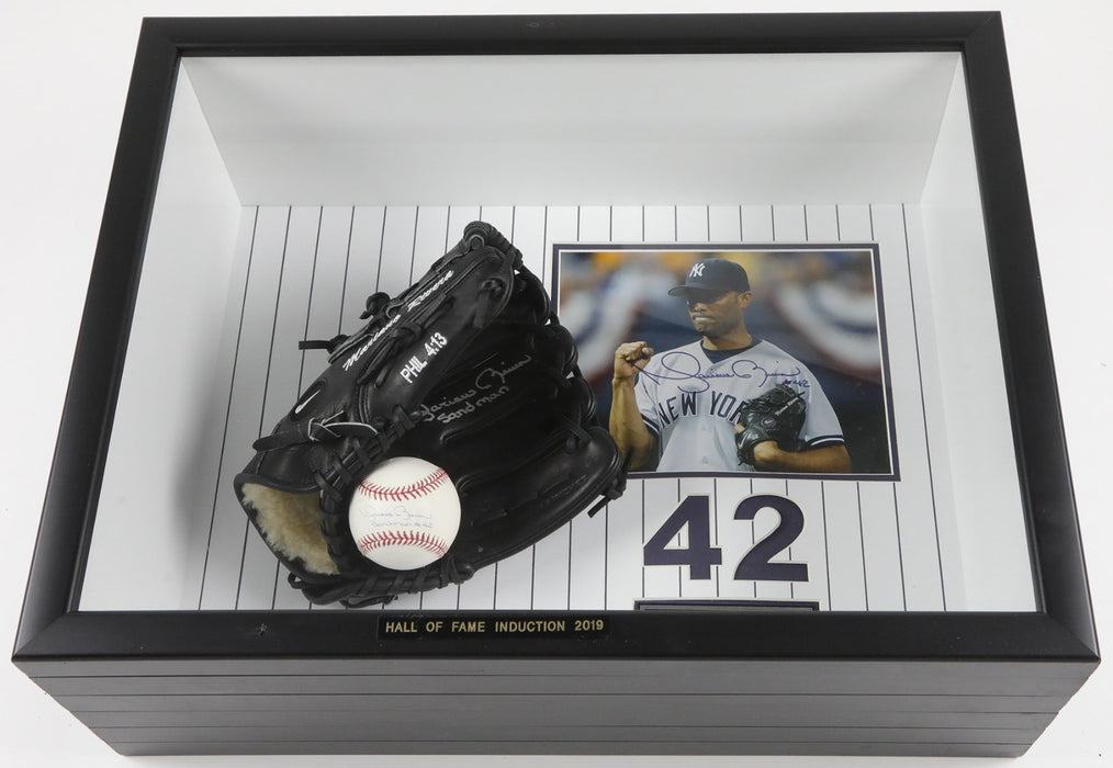 Mariano Rivera Signed Game Model Glove, Baseball & Photo Framed Display JSA COA