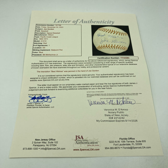 Beautiful Joe Gordon Single Signed Baseball JSA COA Hall Of Fame