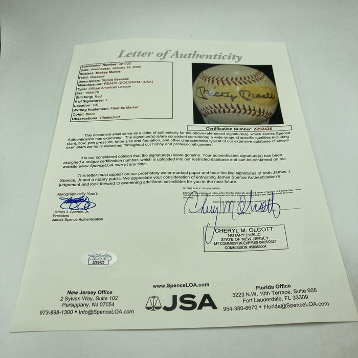 Mickey Mantle Playing Days Signed 1960's American League Joe Cronin Baseball JSA