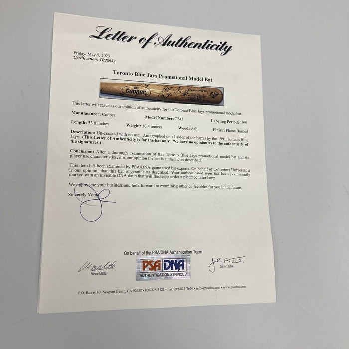 1991 Toronto Blue Jays Team Signed Game Model Baseball Bat PSA DNA & Beckett COA