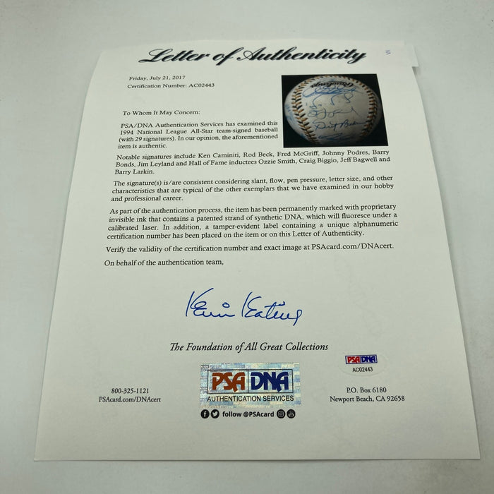 1994 All Star Game National League Team Signed Baseball Barry Bonds PSA DNA COA