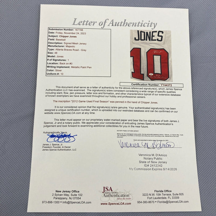 Chipper Jones Signed 2012 Final Season Game Used Atlanta Braves Jersey JSA COA