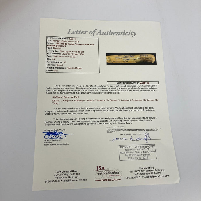 1961 New York Yankees World Series Champs Team Signed Baseball Bat JSA COA