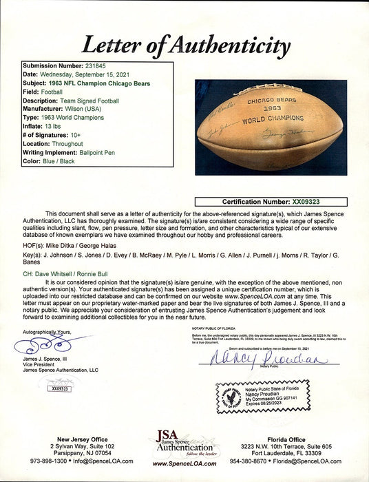 1963 Chicago Bears Super Bowl Champs Team Signed Vintage Football JSA COA