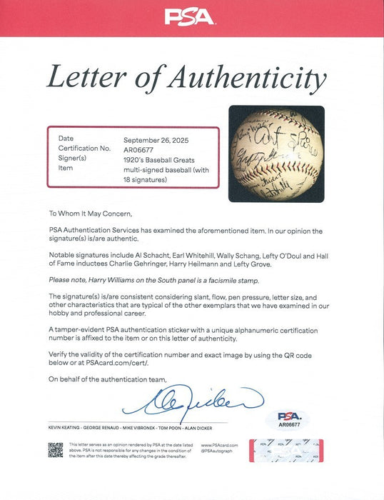 Harry Heilmann & Lefty Grove 1920's Legends Multi Signed Baseball PSA DNA COA