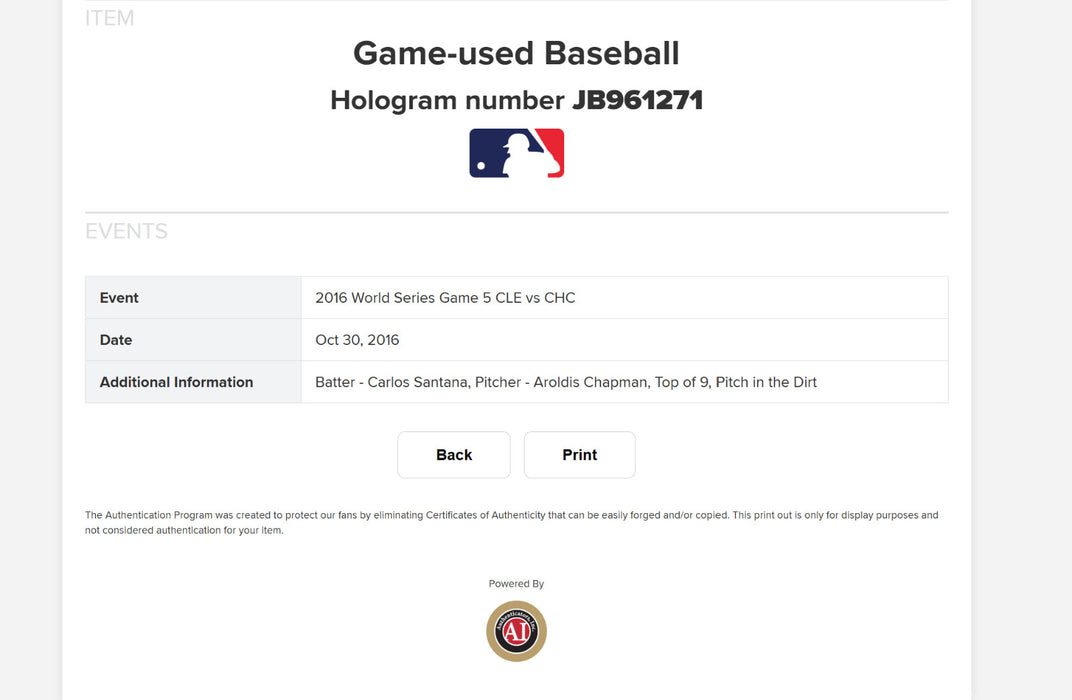 Aroldis Chapman 2016 World Series Game 5 Save Game Used Baseball Chicago Cubs