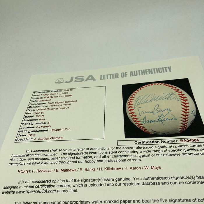 Willie Mays Hank Aaron 500 Home Run Club Multi Signed Baseball JSA COA
