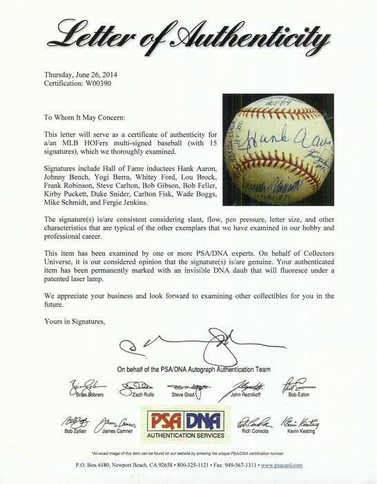 Beautiful Hank Aaron Yogi Berra Kirby Puckett HOF Multi Signed Baseball PSA DNA