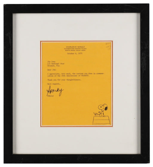 Charles Schulz Peanuts Signed "Sparky" Framed Letter Beckett COA Snoopy