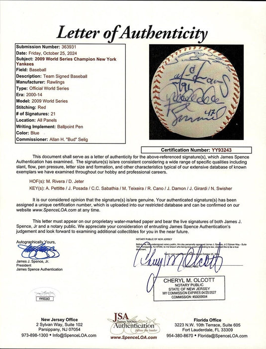 2009 New York Yankees Team Signed World Series Baseball Derek Jeter JSA COA