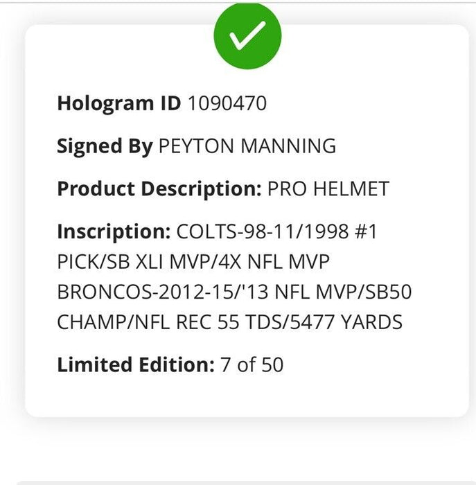 Peyton Manning Signed Indianapolis Colts Denver Broncos STAT Helmet Fanatics