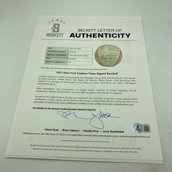 1951 Yankees World Series Champs Team Signed Baseball Mickey Mantle Rookie PSA