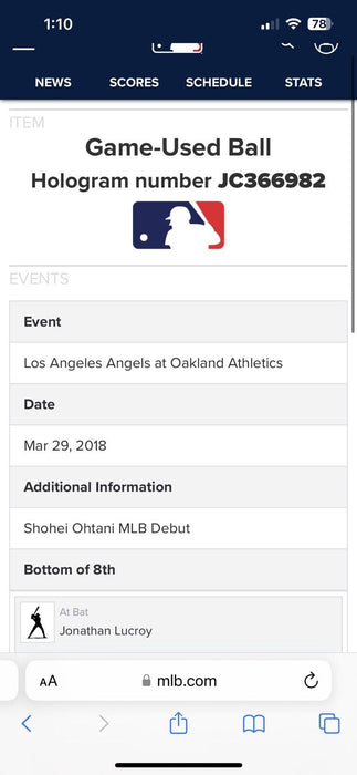 Shohei Ohtani MLB Debut March 29, 2018  Game Used Baseball MLB Authentic