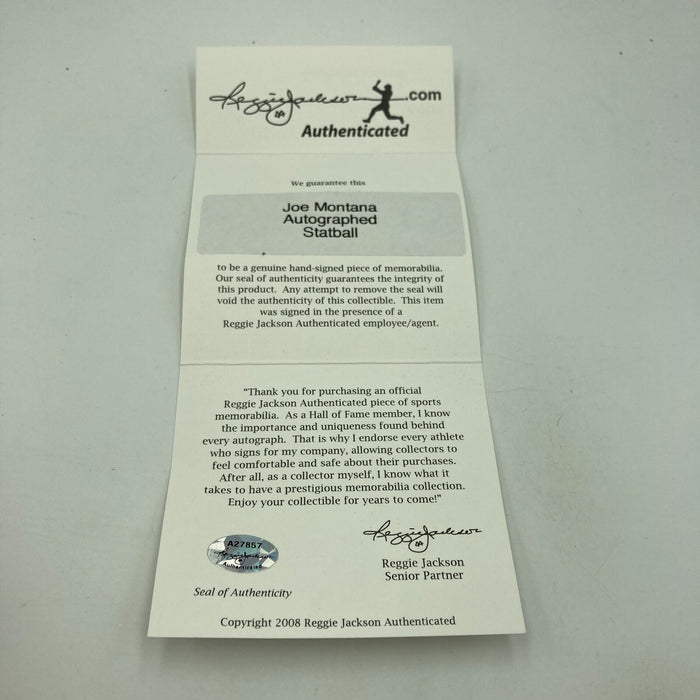Joe Montana Signed Heavily Inscribed Career STAT Baseball Reggie Jackson COA