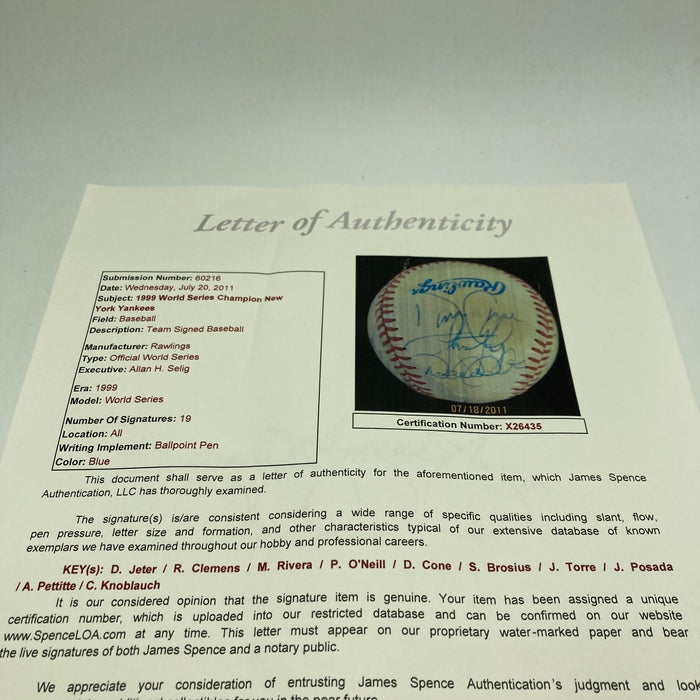 1999 NY Yankees World Series Champs Team Signed Baseball Derek Jeter JSA COA