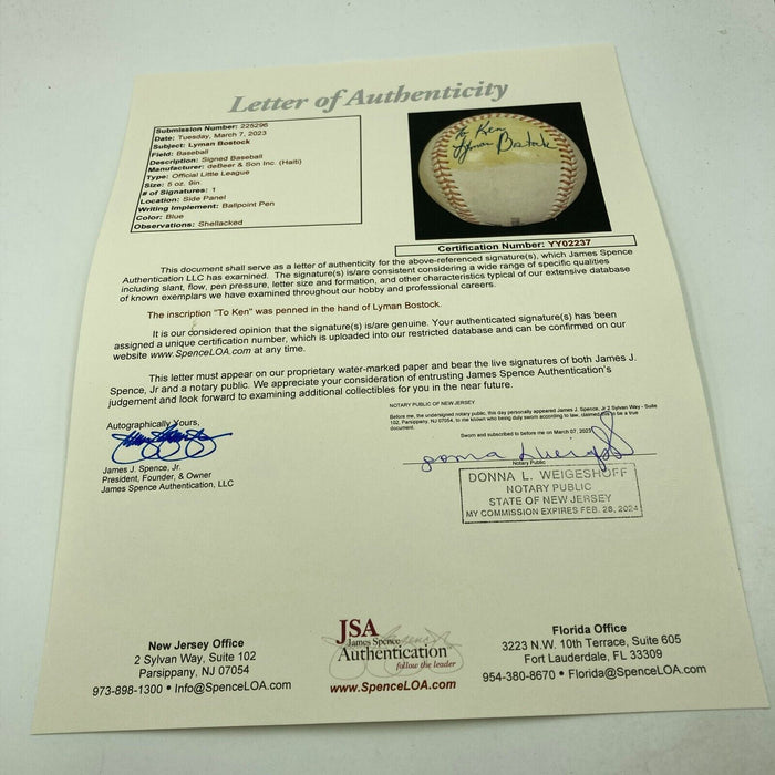 RARE Lyman Bostock Single Signed Baseball Murdered In 1978 JSA COA