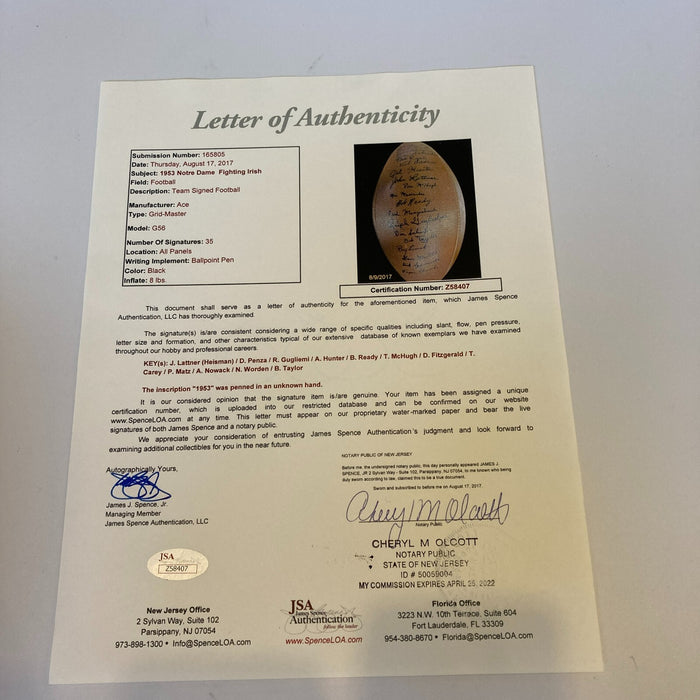 1953 Notre Dame Fighting Irish Champions Team Signed Football 35 Sigs JSA COA