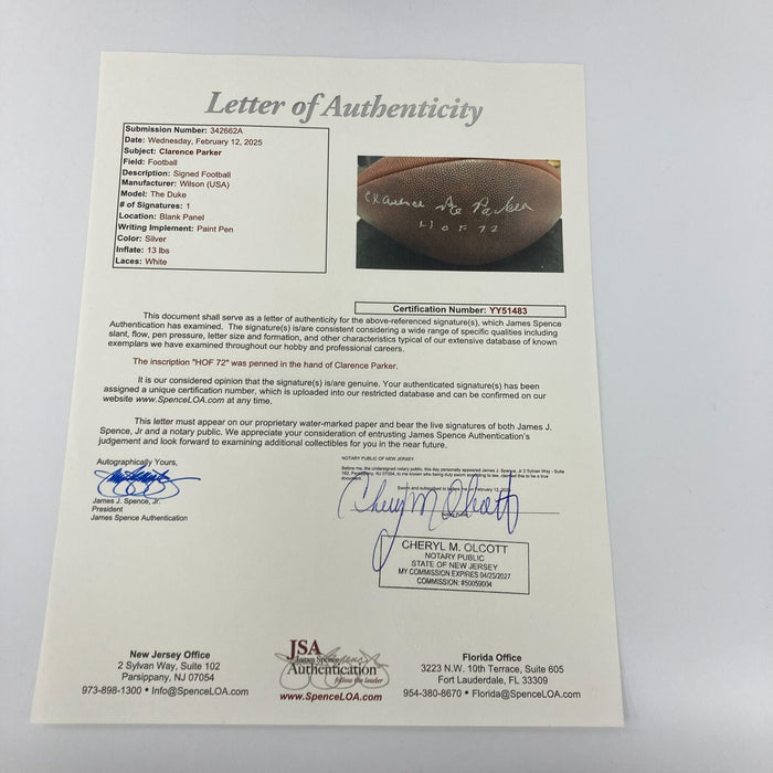 Ace Parker HOF 1972 Full Name Signed Wilson NFL Game Football JSA COA