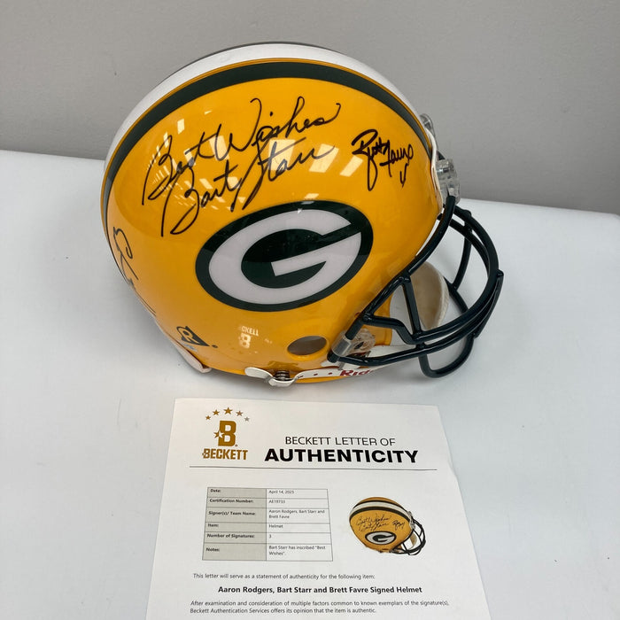 Bart Starr Brett Favre & Aaron Rodgers Signed Green Bay Packers Helmet Beckett