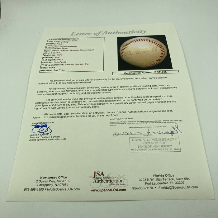 Rare Vic Sorrell Single Signed Minor League Baseball 1935 Detroit Tigers JSA COA