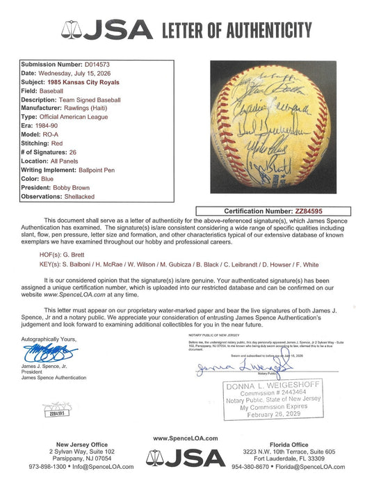1985 Kansas City Royals World Series Champs Team Signed Baseball JSA COA